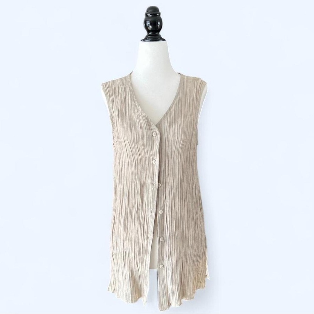 Vintage Express Beige‎ Cream Ribbed Button Minimalist Neutral Vest Shirt Medium